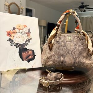 Tory Burch Taupe Snake-Print Satchel(callout handles)